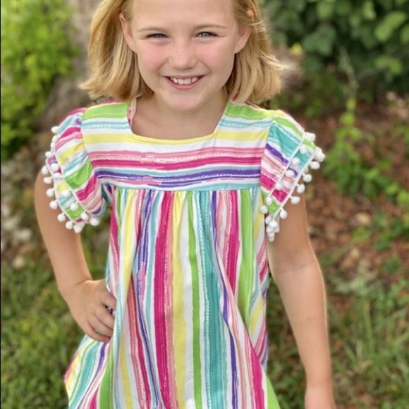 Girls Boutique Multi Striped Top with Pom Poms - Picture 2 of 2
